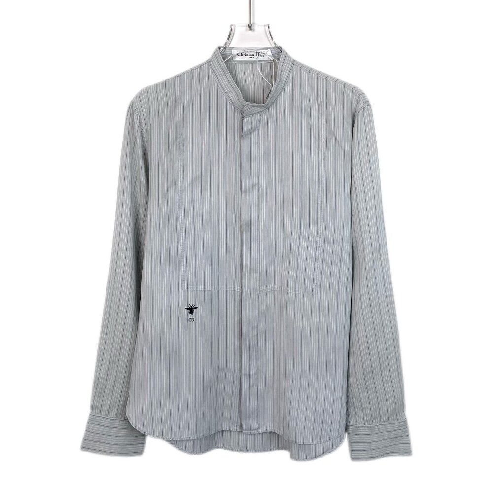 H13480 Christian Dior Light Blue Striped Bee Embroidery Silk Long Sleeve Shirt 3